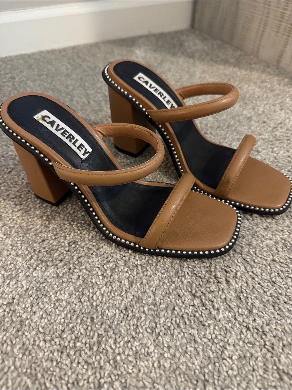 Caverley Tan Double-Strap Studded Block Heels